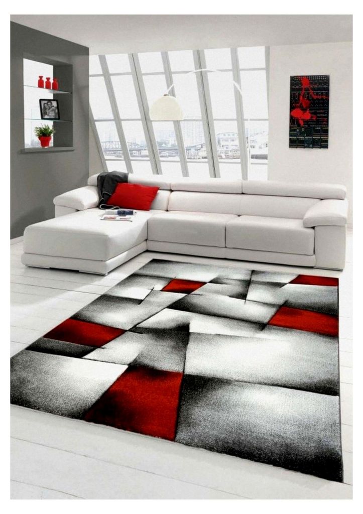 Designer Teppich für das Wohnzimmer mit Diamantmotiv in Rot, Grau, Weiß und Schwarz, Größe 80 x 150 cm