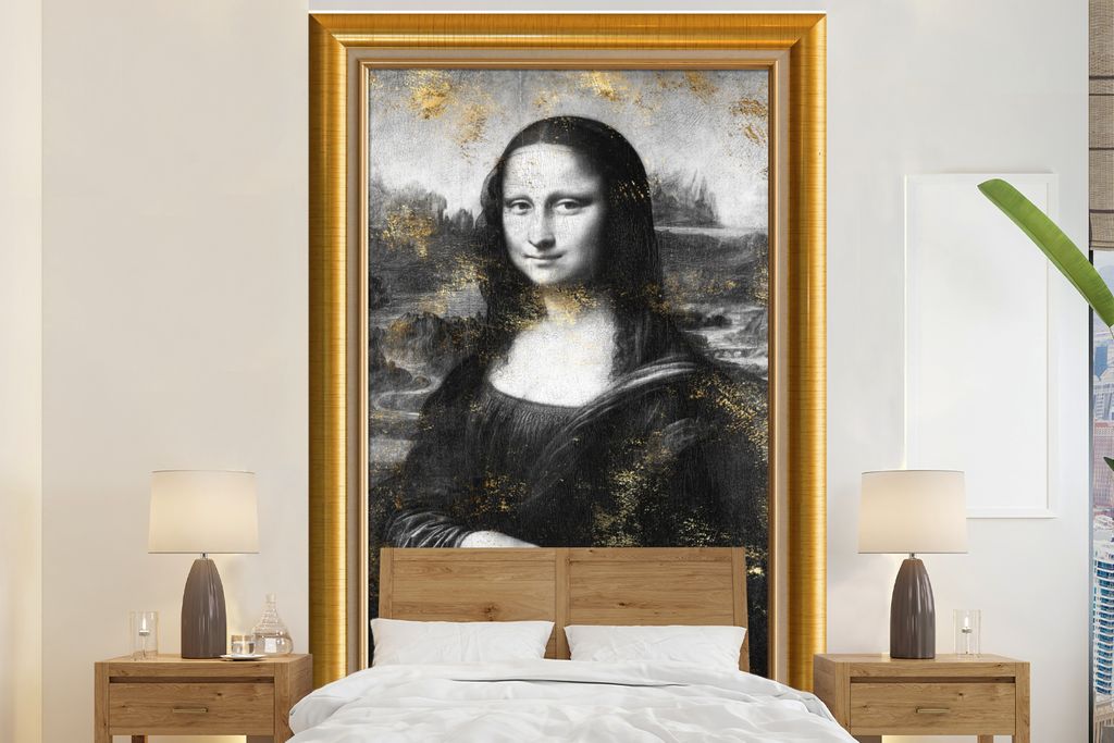 MuchoWow Fototapete für Wohnzimmer oder Schlafzimmer Wandtapete Vinyl Motivtapete Mona Lisa - Da Vinci - Gold - Rahmen - 225x350 cm - Schlafzimm...