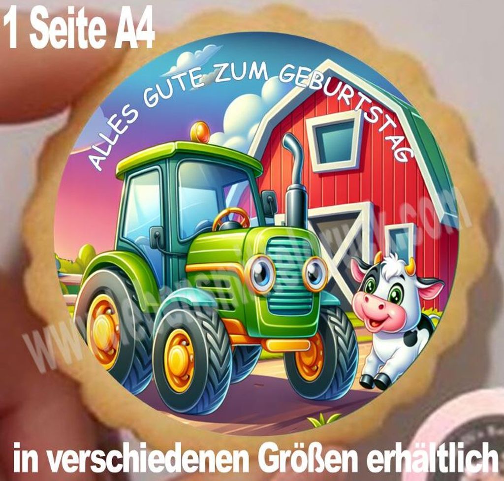 Traktor Bauernhof Kuh Geburtstag rund Aufleger klein 1 Seite A4 in verschiedenen Größen für Kekse Muffins Kuchen Oblatenpapier 0,6 Wafer Paper A...