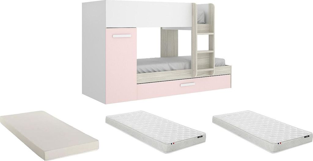 Etagenbett mit Box und - 3 x 90 x 190 cm - Weiß, natur und rosa + Matratzen - ANTHONY