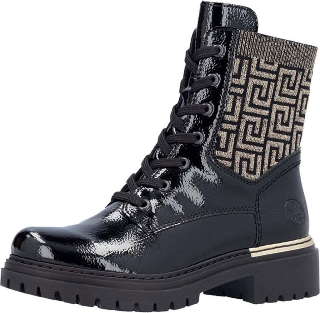A black lace-up boot with a patterned cuff and gold trim.