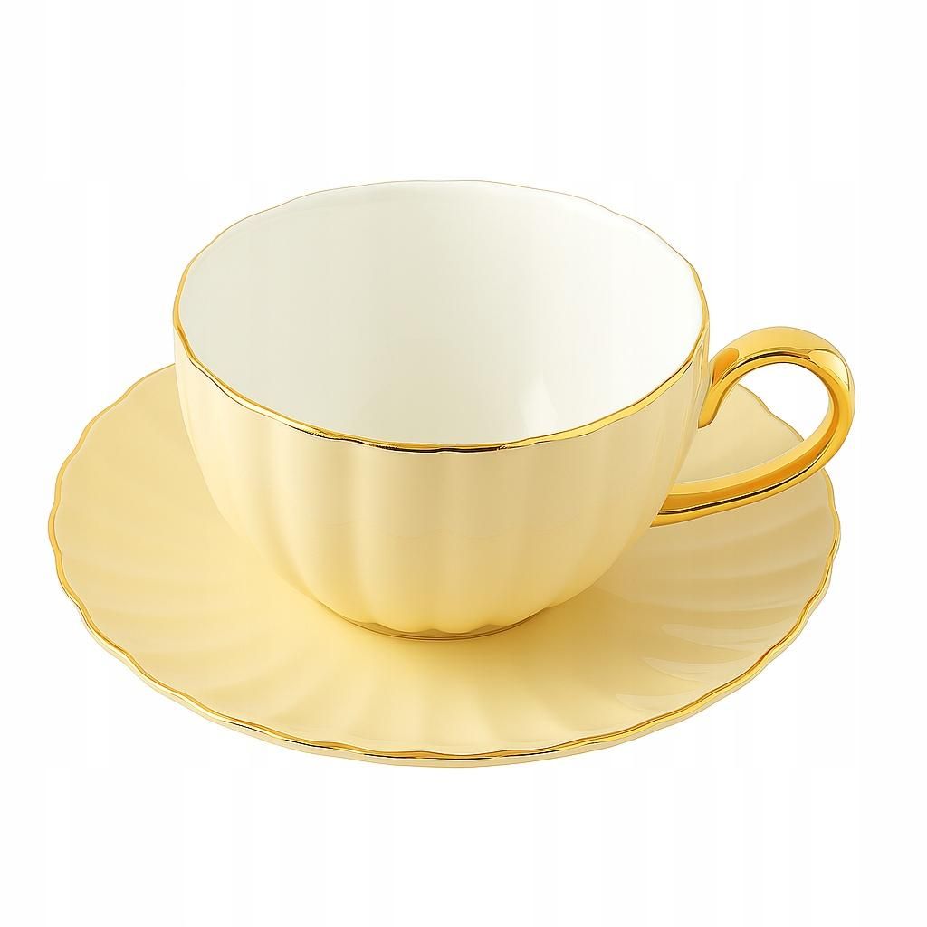 Porzellan Tasse mit Untertasse 220 ml Gelb Gold – Elegante Kaffeetasse mit Goldrand, Klassisches Teeset Geriffelt