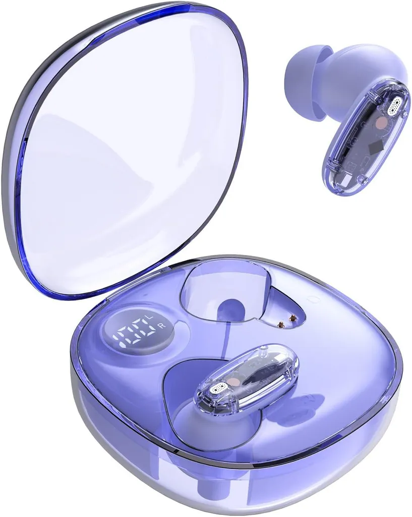 Cuffie Bluetooth 5.4, suono coinvolgente, design ergonomico semitrasparente e ultracompatto, riproduzione 24 ore su 24, con custodia e display LED