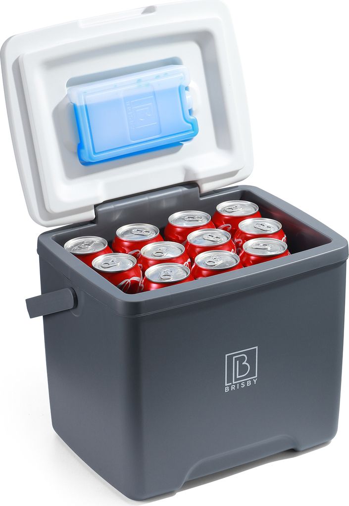 Brisby Kühlbox - 13L - Grau - 40 Stunden Isolation - Inkl. 2 dicke Kühlakkus von 450ml - Neues Design mit Kühlakku im Deckel verriegelt