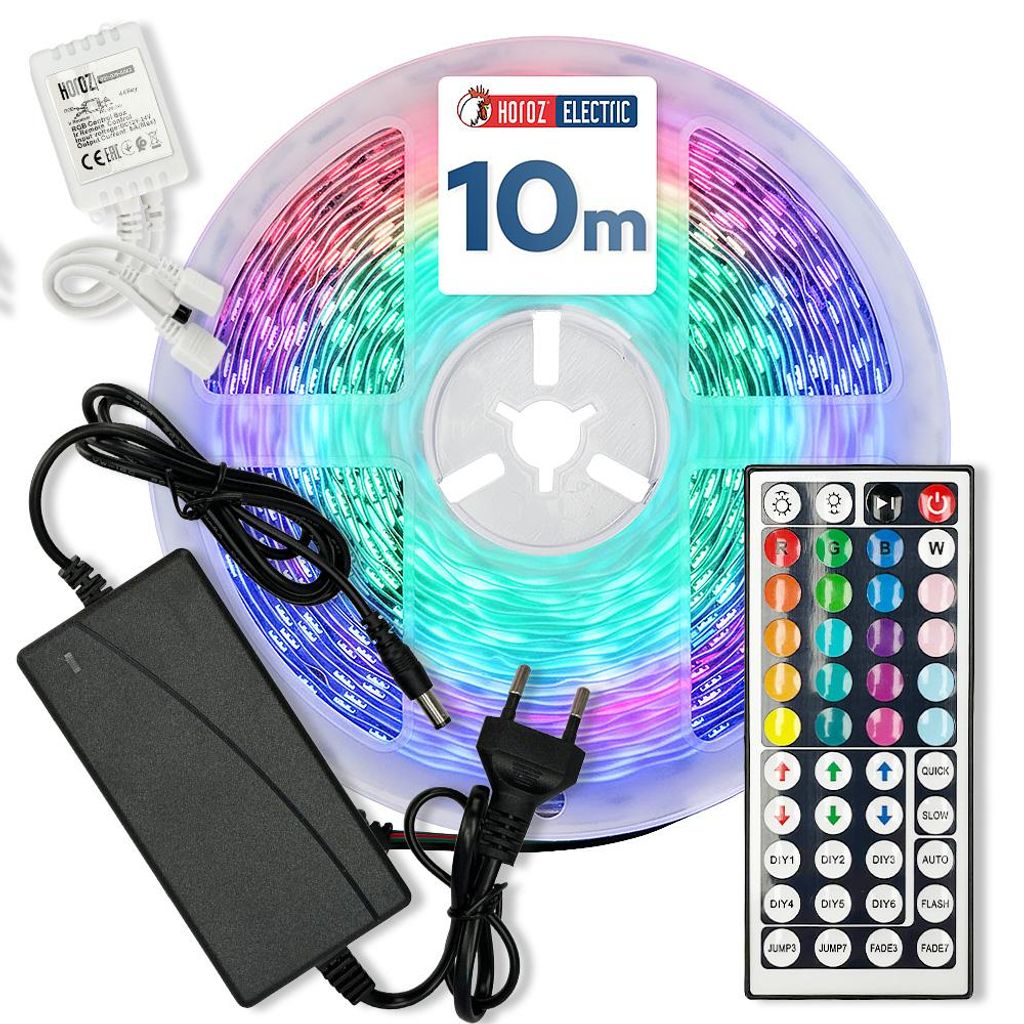 LED-Streifen-Set VICTORY-10 RGB 24V 10W/m 800lm/m IP20 mit Steuerung, Netzteil und Fernbedienung, 10-m-Rolle | HOROZ