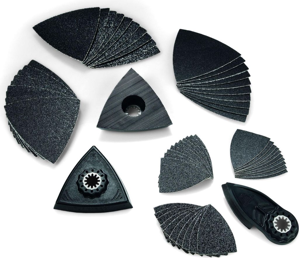 A collection of triangular sanding pads and attachments for a multi-tool, arranged on a white background.