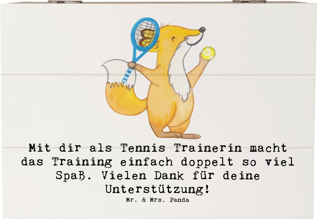 Mr. & Mrs. Panda Holzkiste Tennis Trainerin Spaß 22 x 15 cm - Weiß - Geschenk, Spielerin, fotobox, Box, Sportart, Danksagung, Geschenkbox, Leiden...