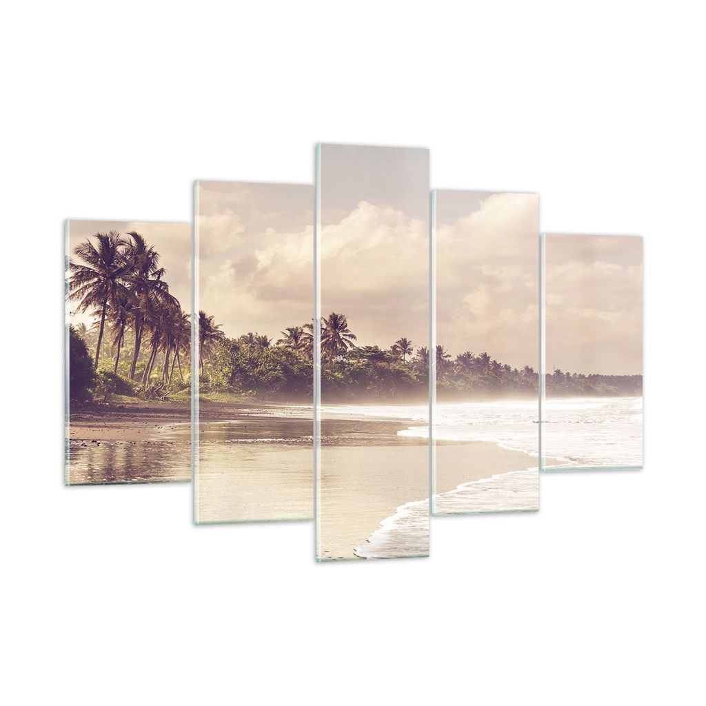 Bilder auf glas - 5 Teile - Palmen Strand Wasser - 150x100cm - Glasbilder - Wandbilder - Bilder - zum Aufhängen bereit - Wanddekoration aus Glas -...