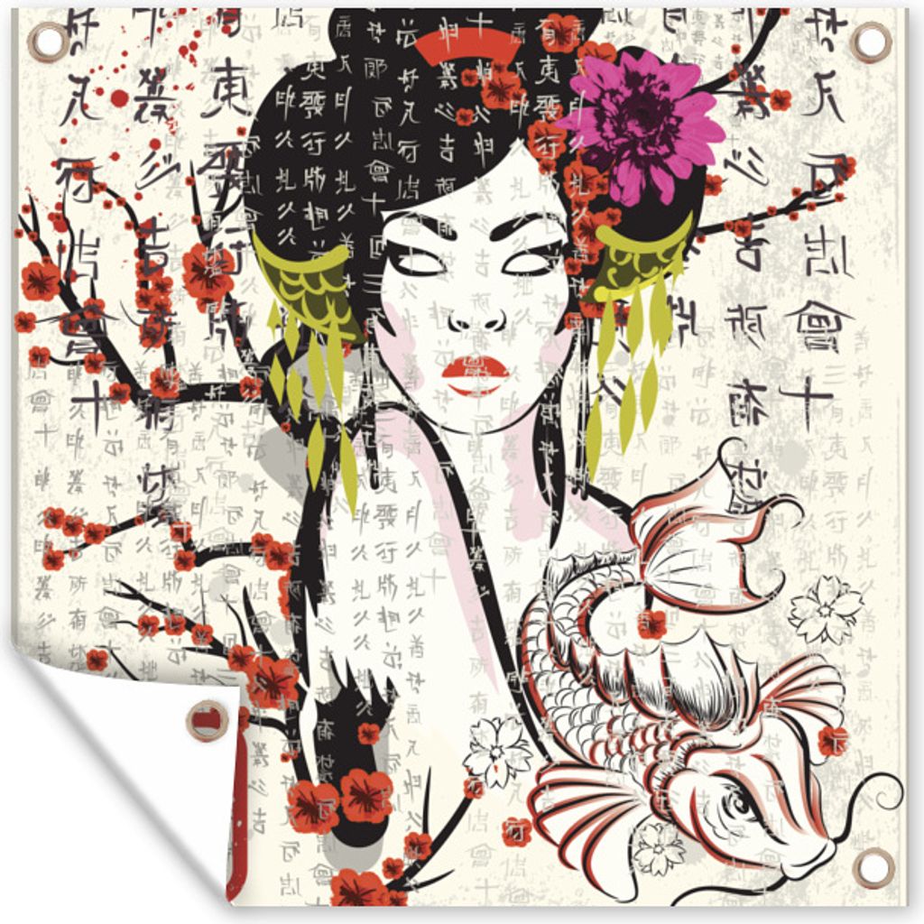 MuchoWow 50x50 cm Outdoor-Poster Gartendeko Sichtschutz Garten Poster für den Garten Japanische Illustration traditionelle Frau