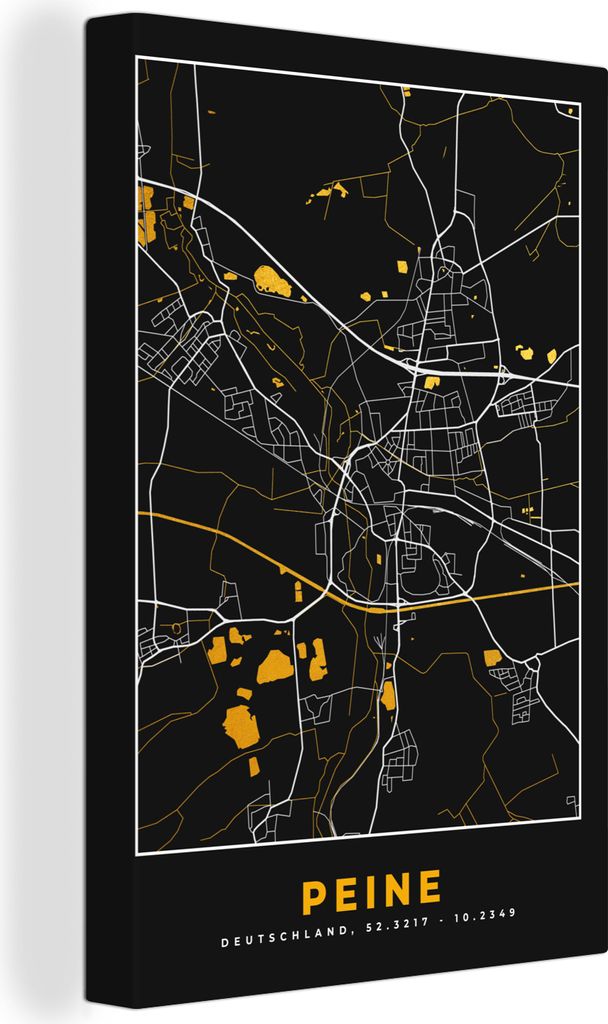 OneMillionCanvasses - Leinwandbilder - 90x140 cm, Peine - Stadtplan - Schwarz und Gold - Karte - Deutschland - Karte, Wandbilder Kunstdruck Wandd...