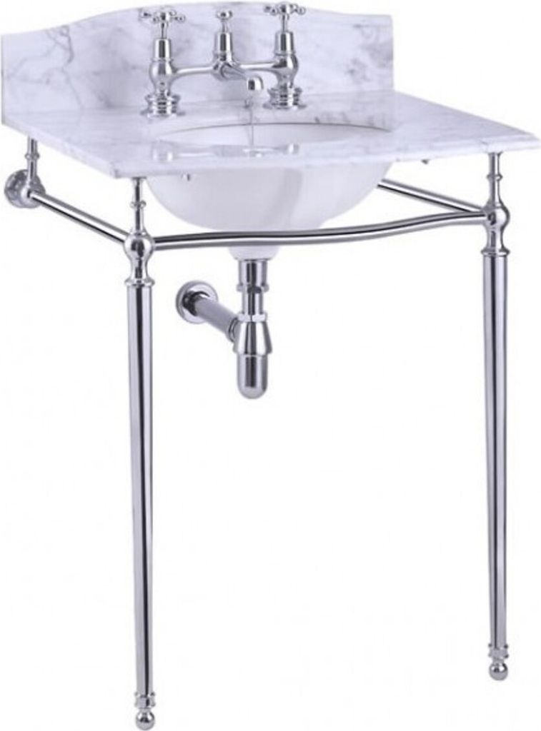 Casa Padrino Luxus Jugendstil Stand Waschtisch Weiß / Chrom mit Marmorplatte B 65cm mit Spritzschutz hinten - Art Deco Waschbecken Barock Antik Stil