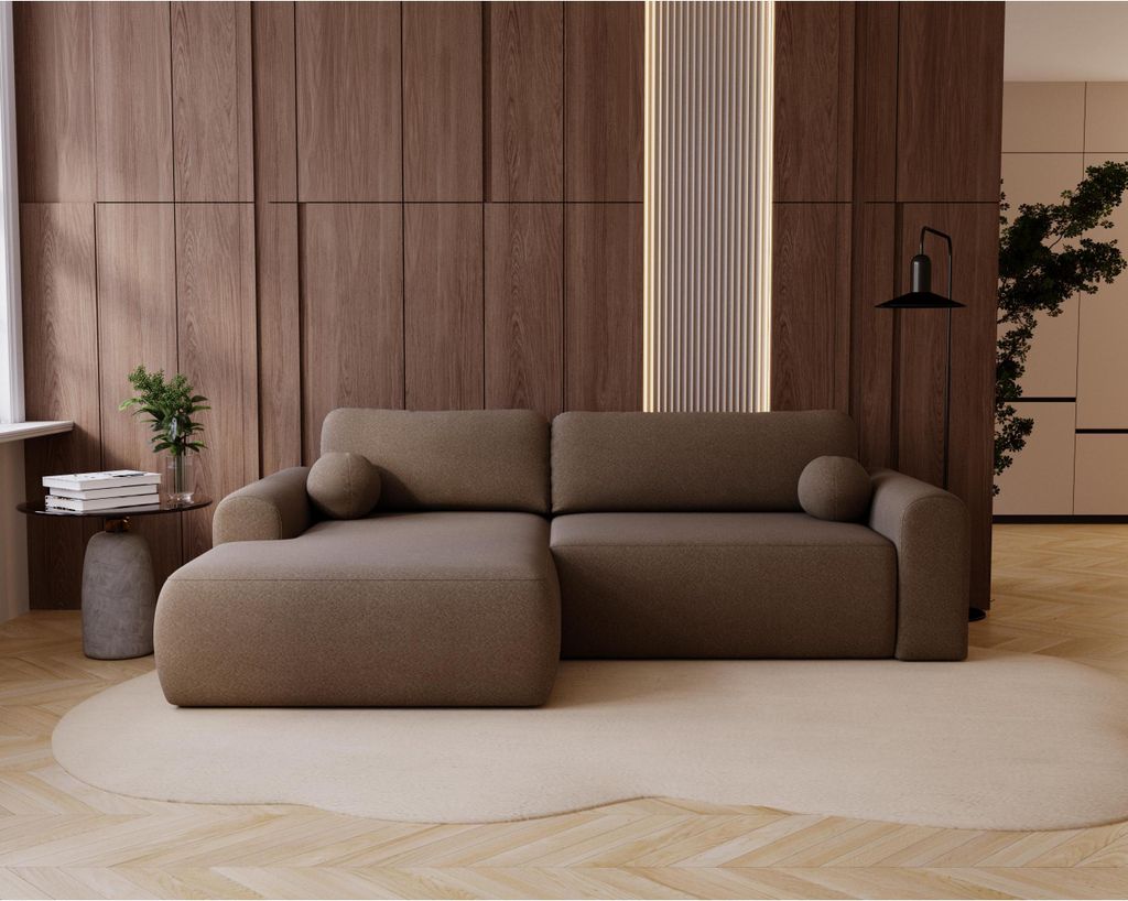 ALBA Ecksofa mit Schlaffunktion - modernes Bouclé Sofa fürs Wohnzimmer, weich & komfortabel, Farbe: Braun (Lambi 04), Seite: links