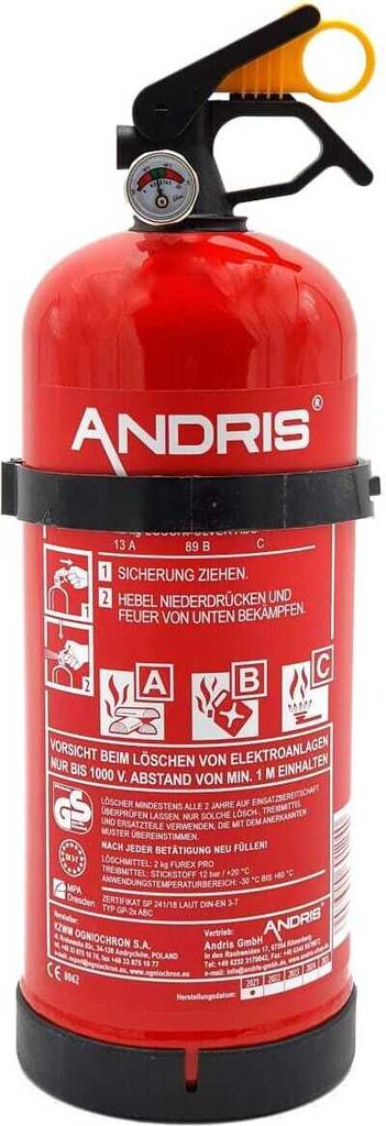 2kg ABC Pulver Feuerlöscher orig. ANDRIS , ideal für KFZ/Auto/Boot geeignet, DIN EN 3,CE, inkl. KFZ/Auto/Boot-Halterung und Prüfnachweis, Füll...