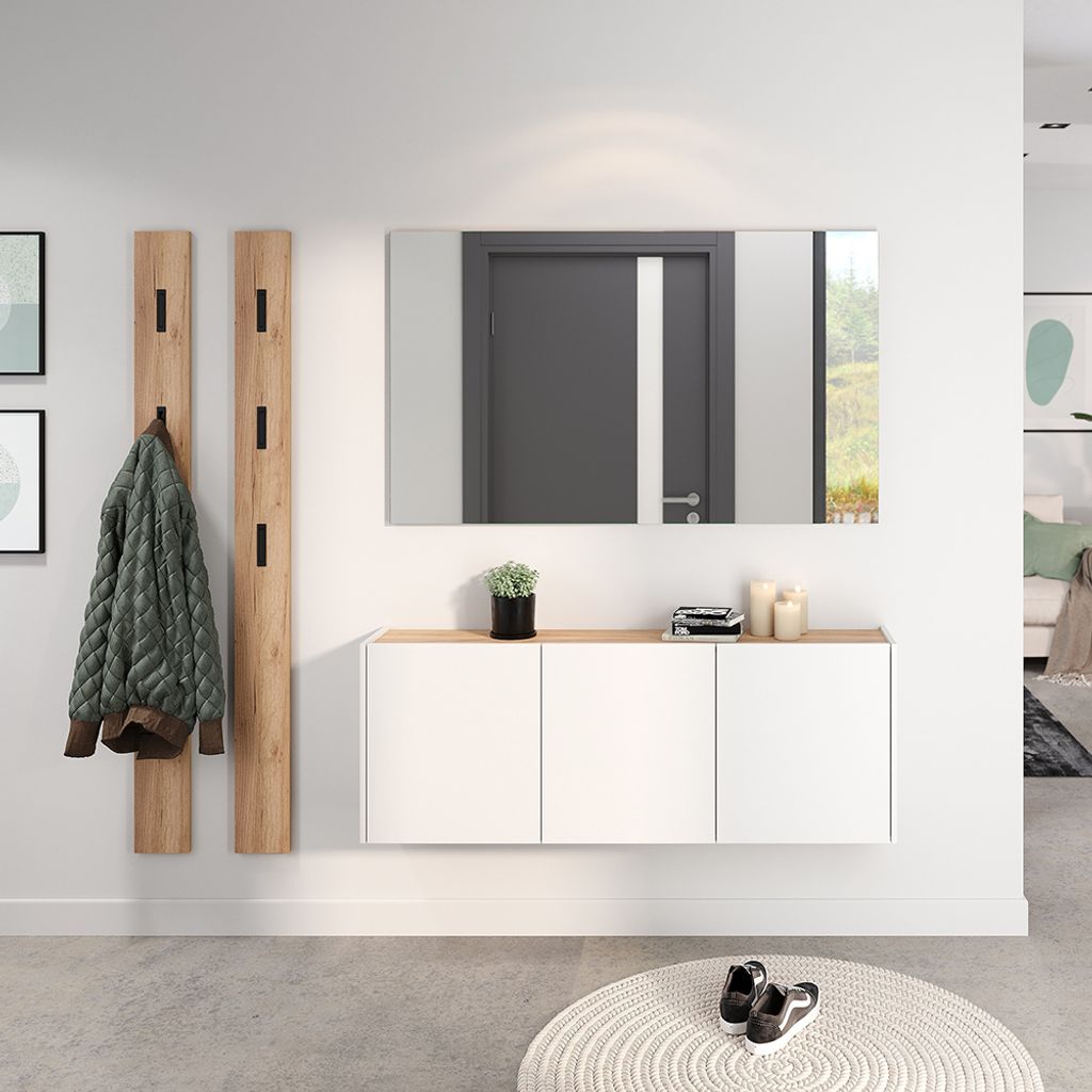Garderobenset 4-teilig mit Spiegel in weiß mit Eiche, Modern, LAPUA-01