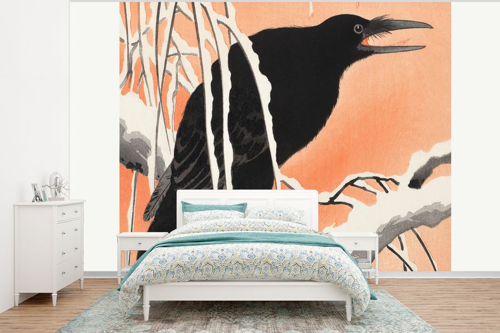 MuchoWow Fototapete für Wohnzimmer oder Schlafzimmer Wandtapete Vinyl Motivtapete Vintage - Krähe - Vogel - Tiere - Zweig - 295x220 cm - Wand T...