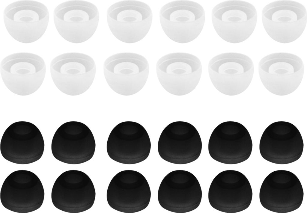 A top-down view of two rows of earbud tips, one row white and one row black.