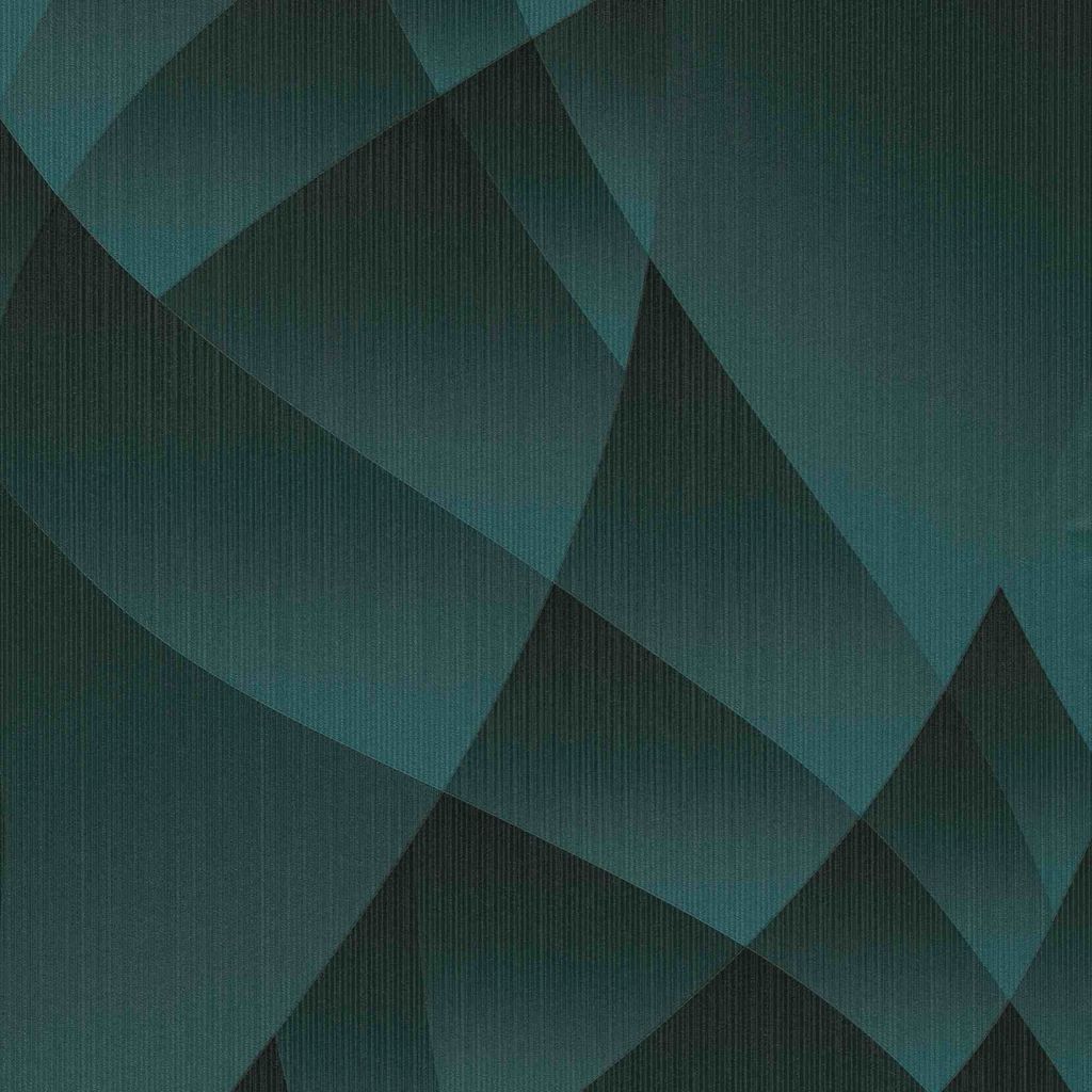 A close-up abstract geometric pattern of overlapping shapes in shades of teal and black, with a subtle vertical texture.