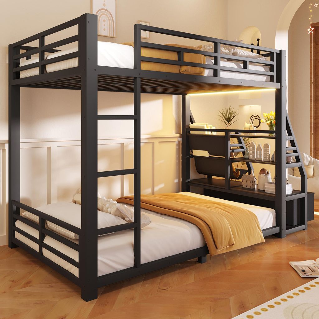 okwish Etagenbett 90×200 mit einer Matratze und zwei Schubladen, Doppelbett LED und offener Stauraum,Jugendbett in Schwarz