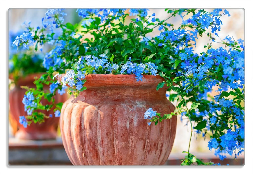 Wallario Frühstücksbrettchen aus Glas 20 x 30 cm mit rutschfesten Füßen, Motiv Blaue Blumen in einer Steinvase
