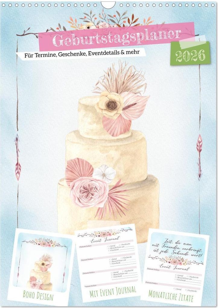 Geburtstagsplaner Boho Blau - Für Termine, Geschenke, Eventdetails & mehr (Wandkalender 2026 DIN A3 hoch), CALVENDO Monatskalender