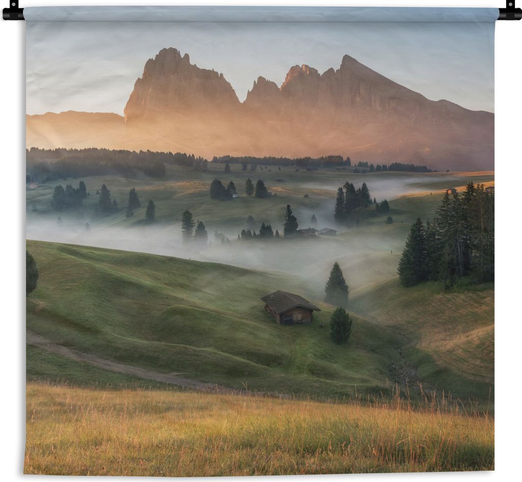 MuchoWow Wandteppich Wandbehang Berg - Nebel - Landschaft 120x120 cm Tapisserie Dekoration Wandtuch - Modern - Baumwollgewebe