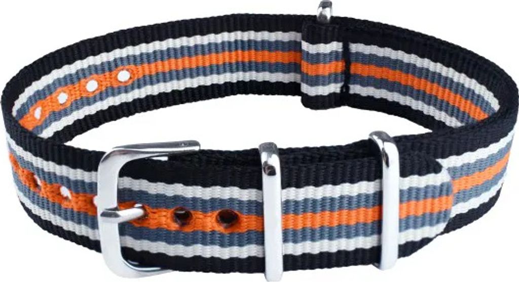 ClassicWatchStraps Nylon Uhrenarmband - Schwarz/Weiß/Grün/Orange, 22 mm, Silber poliert
