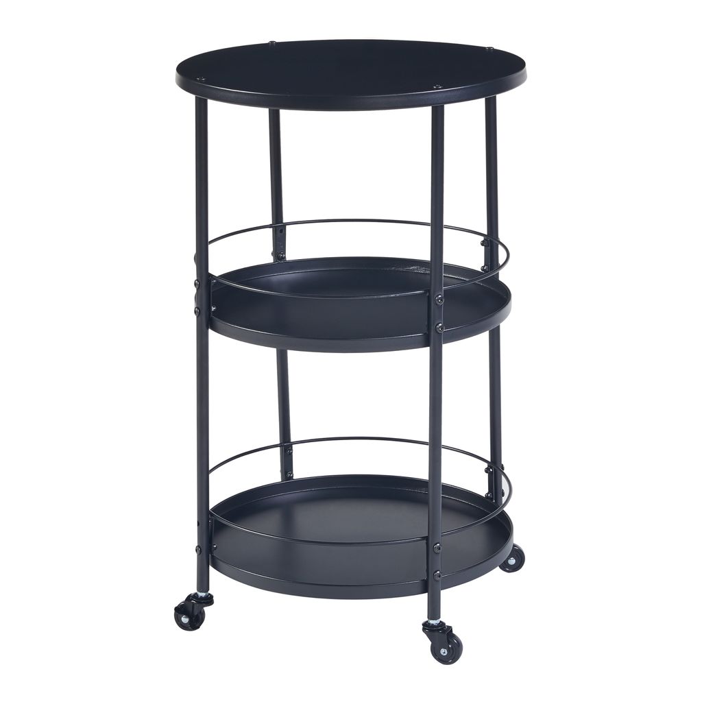 A black metal serving cart with three round shelves and wheels.