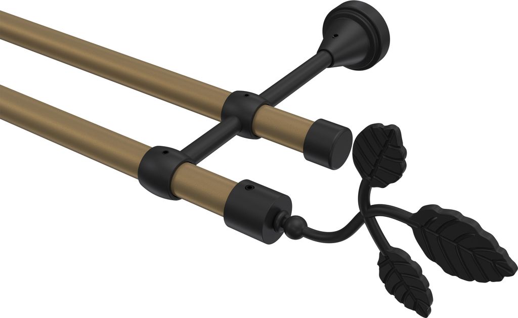 Interdeco Gardinenstange / Vorhangstange Gold matt / Schwarz, Typ Primus Alessia (Blatt), 16 mm Ø 2-läufig, 180 cm