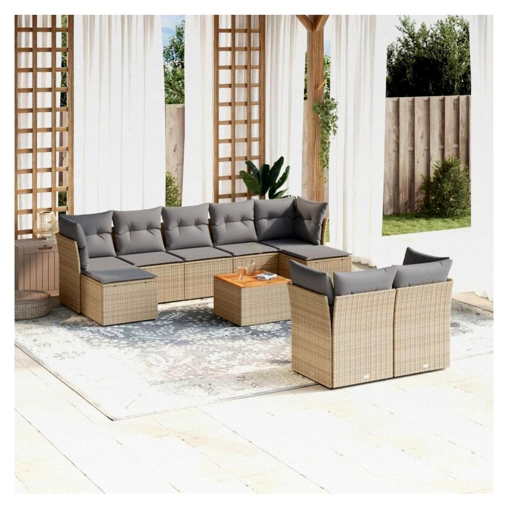 Gartenmöbel-Set mit Kissen, Beige, 10-teilig, Polyrattan, Outdoor-Möbel-Set