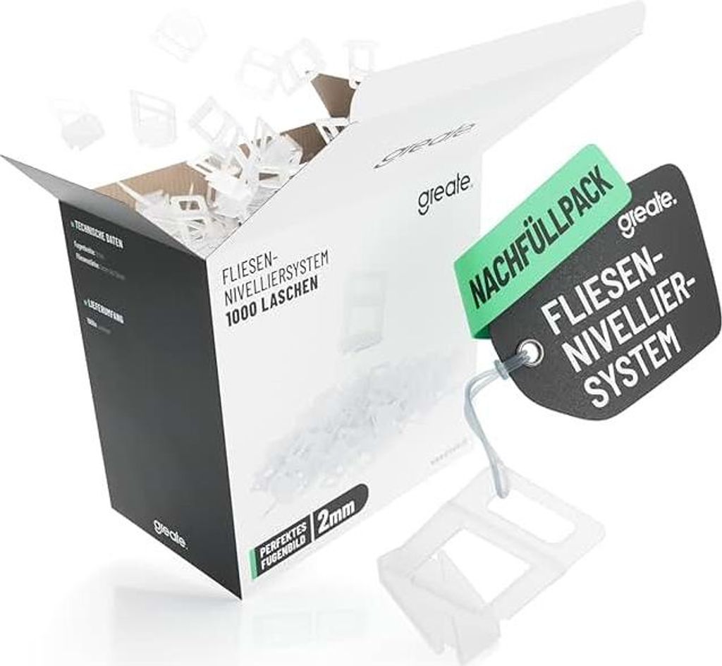 greate 1000 Zuglaschen Fliesen Nivelliersystem 2mm - Fliesenverlegehilfe Nachfüllpack - Fliesen Abstandshalter für Fliesenkeile - Nivilierlaschen...