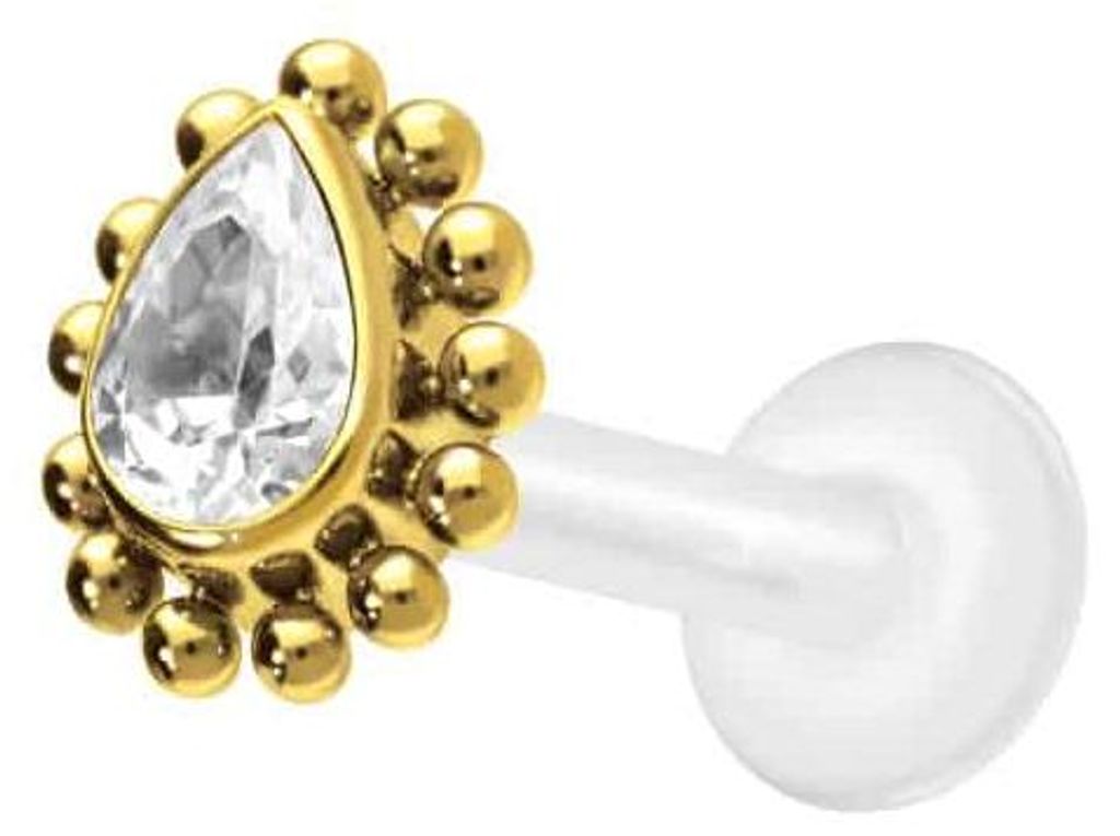 Ohrpiercing, Nasenpiercing PTFE Labret mit Innengewinde + Titan-Aufsatz KRISTALLTROPFEN + KUGELN Gold Stablänge: 5mm | Stabstärke: 1,2mm