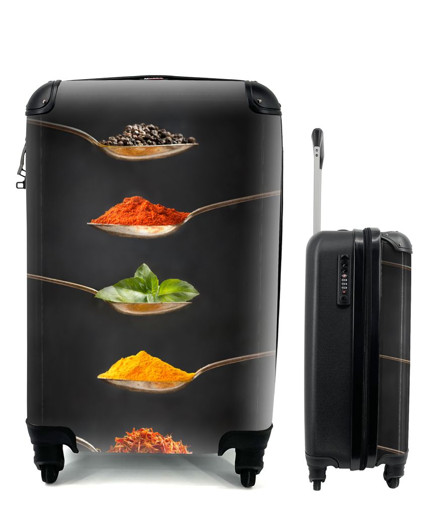 MuchoWow Koffer Handgepäck Trolley Rollkoffer Kleine Reisekoffer mit 4 Rollen - Kräuter - Löffel - Gewürze - Schwarz - Italienisch - Cabin Si...