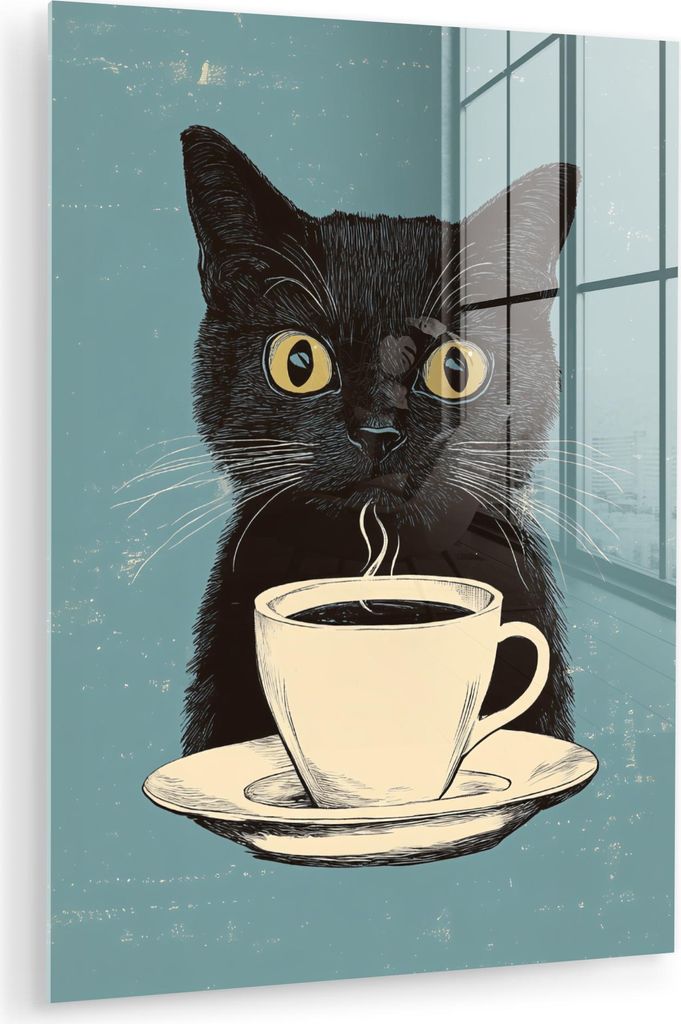 MuchoWow Glasbilder - Bilder auf Wandbild - Foto auf Glas Katze - Schwarz - Kaffee - Minimalistisch 30x40 cm Wanddekoration aus Glas - Acrylglasbil...