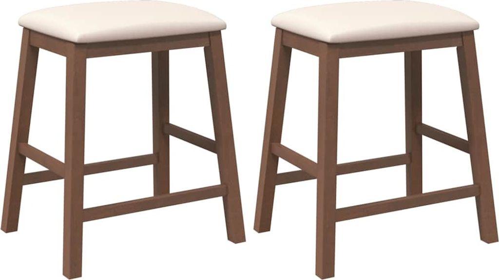 Two brown wooden bar stools with cream seats are shown against a white background.