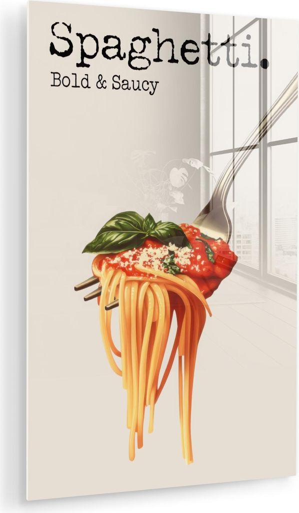 MuchoWow Glasbilder - Bilder auf Wandbild - Foto auf Glas Spaghetti - Tomatensauce - Parmesankäse 40x60 cm Wanddekoration aus Glas - Acrylglasbild...