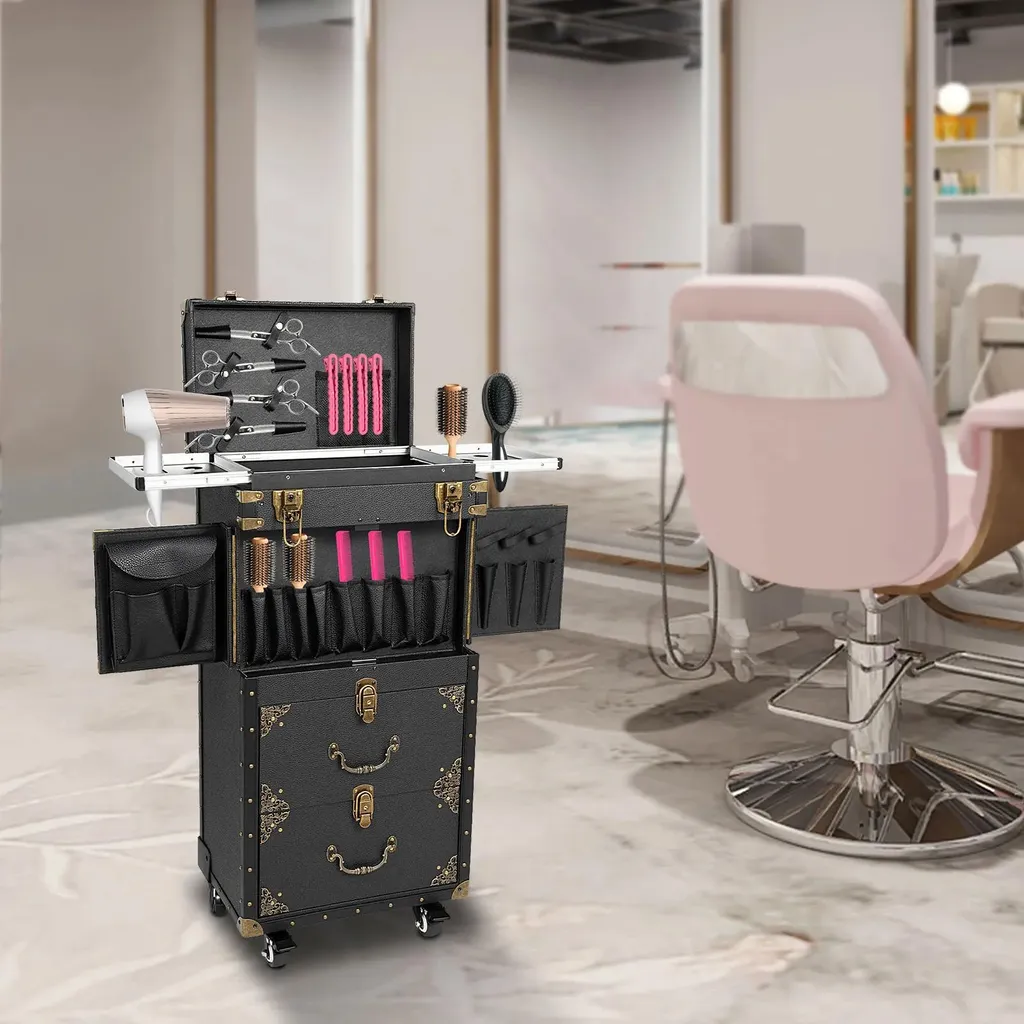 Chariot de coiffeur professionnel mobile avec support sèche-cheveux