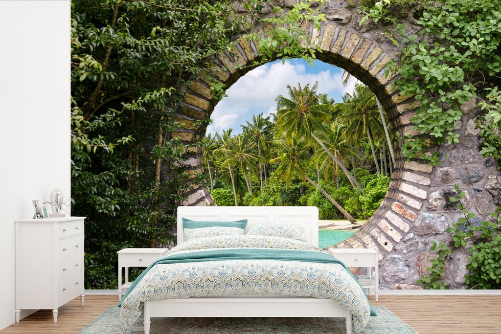 MuchoWow Fototapete für Wohnzimmer oder Schlafzimmer Wandtapete Vinyl Motivtapete Durchblick - Palme - Tropen - Strand - Meer - 600x400 cm - Vin...