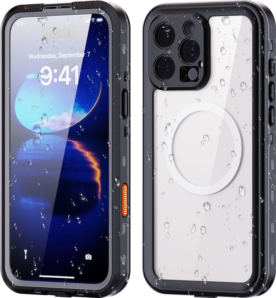 Two views of a black and clear iPhone case with water droplets on it.
