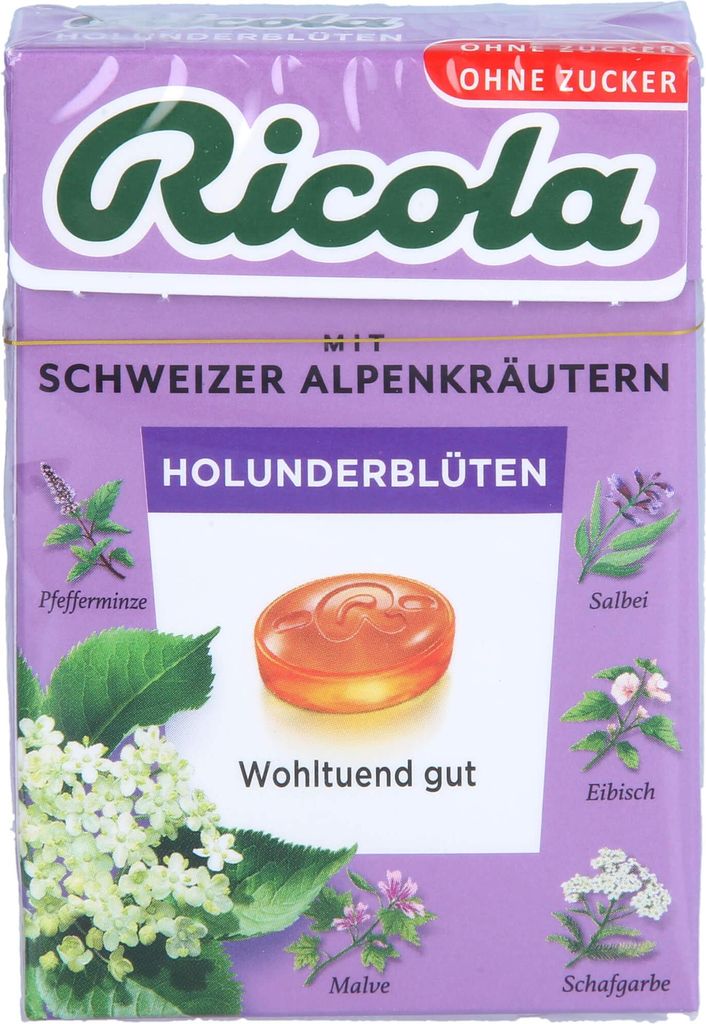 Open Food Ricola Holunderblüten Zuckerfrei Box - Ricola - 50g, 50 g, C, e296, e950, e951, e953, Thymian, Eibisch, Pfefferminze, Frauenmantel, Malv...