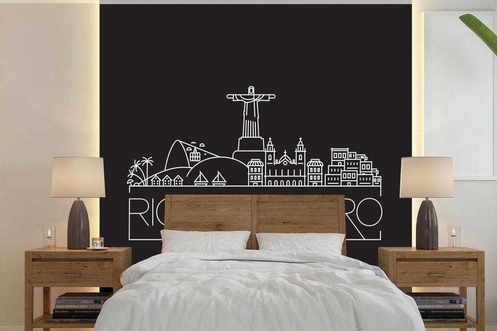 MuchoWow Fototapete für Wohnzimmer oder Schlafzimmer Wandtapete Vinyl Motivtapete Stadtbild ''Rio de Janeiro'' auf schwarzem Hintergrund - 280x2...