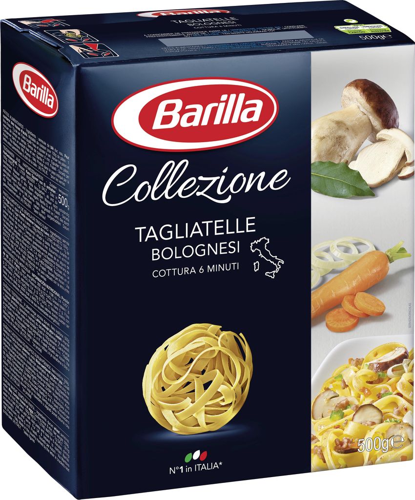 A box of Barilla Tagliatelle Bolognesi pasta.