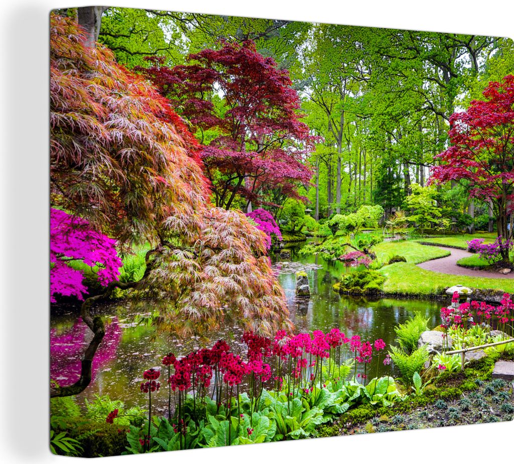 MuchoWow - Leinwandbilder - Bäume - Blumen - Japanisch - Natur - Wasser, Wandbild, Wanddeko Bilder Wohnzimmer, 80x60 cm
