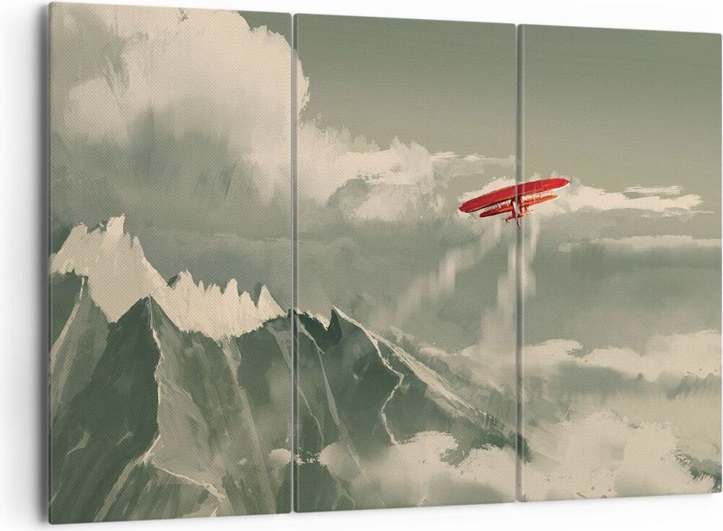 Bild auf Leinwand - Leinwandbild - 3 Teile - Rot Flugzeug Berge - 165x110cm - Wand Bild - Wanddeko - Wandbilder - Leinwanddruck - Bilder - Wanddeko...