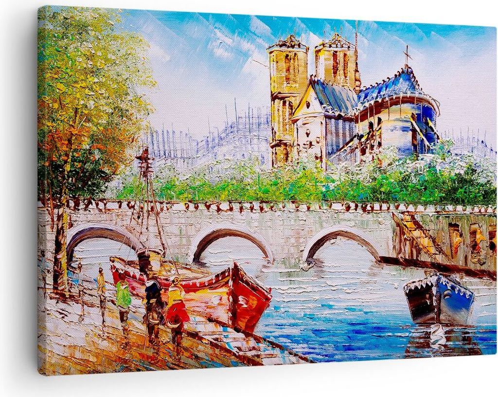 Bild auf Leinwand - Leinwandbild - Boot Fluss Brücke Zeichnung - 70x50cm - Wand Bild - Wanddeko - Leinwanddruck - Bilder - Kunstdruck - Wanddekora...