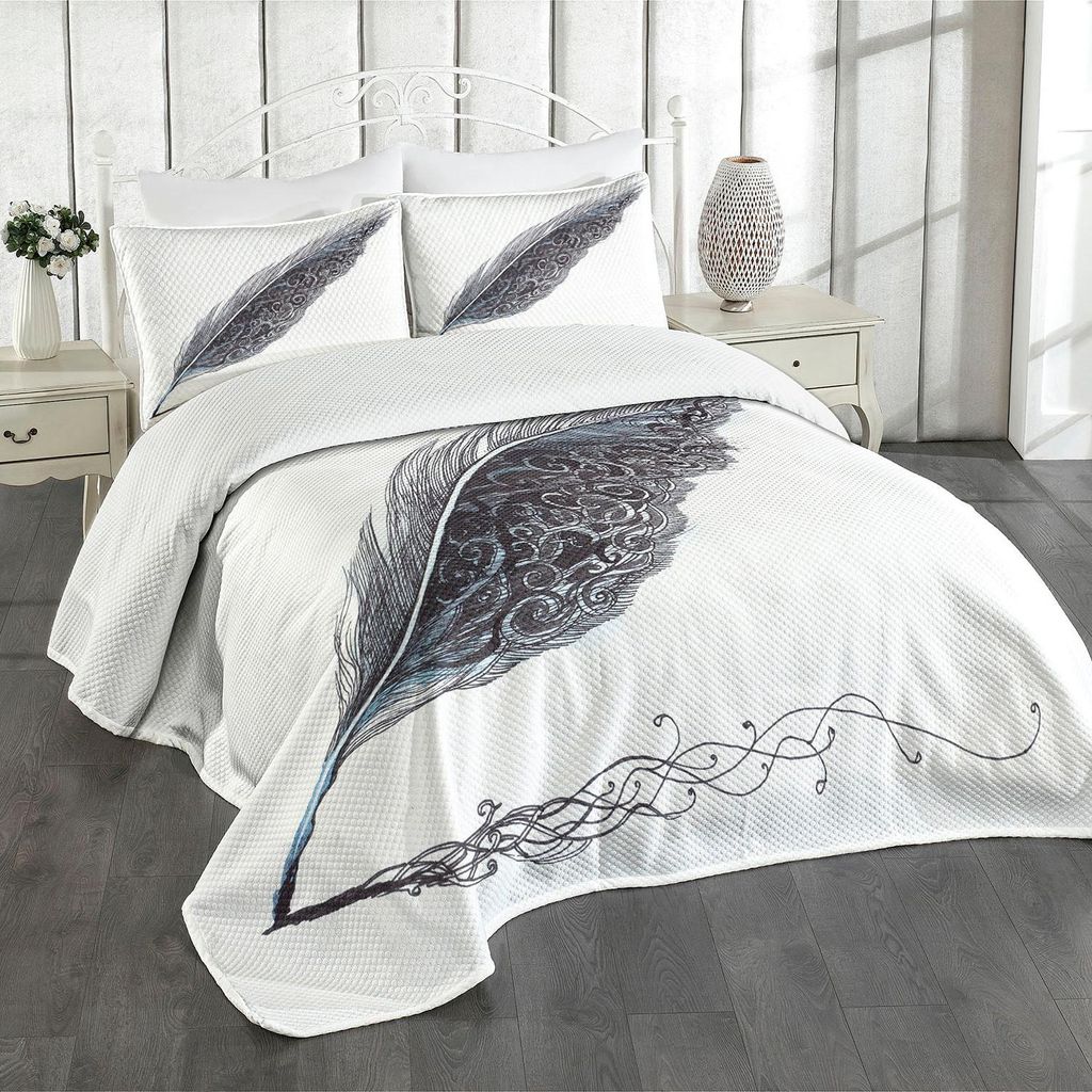 ABAKUHAUS Grau Tagesdecke Set, Bild einer datierten antiken klassischen Federkiel-Feder mit Blatt-Motiven auf einer Seite, 220 x 220 cm, Grau schwarz