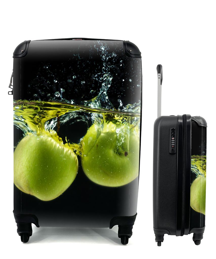 MuchoWow Koffer Handgepäck Trolley Rollkoffer Kleine Reisekoffer mit 4 Rollen - Äpfel - Obst - Wasser - Schwarz - Grün - Cabin Size < 55x40x23...
