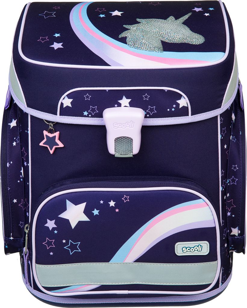A school backpack with a unicorn and star theme.