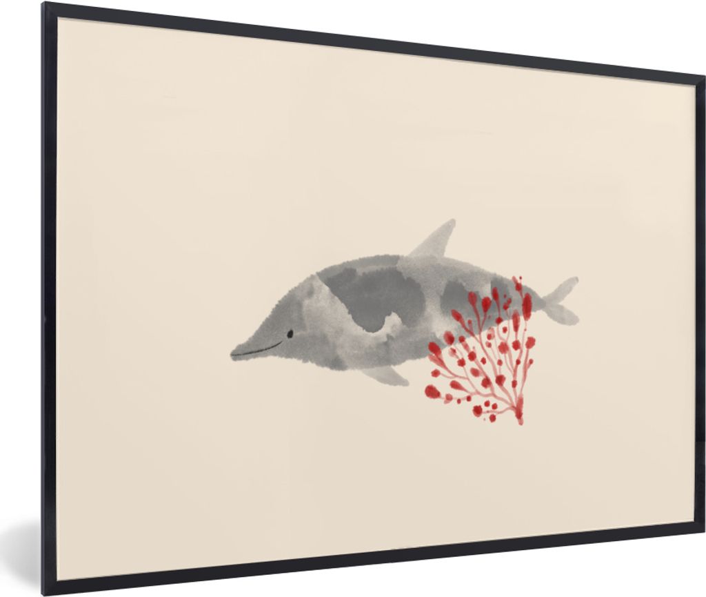 MuchoWow MuchoWow Gerahmtes Poster Delfin - Pflanzen - Aquarell 30x20 cm - Poster mit zchwarzem Bilderrahmen - Kunstdruck - Bild-Poster
