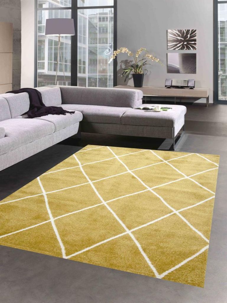 Skandinavischer Teppich Wohnzimmer Rautenmuster Weiß Creme Gold pflegeleicht Größe - 160x230 cm