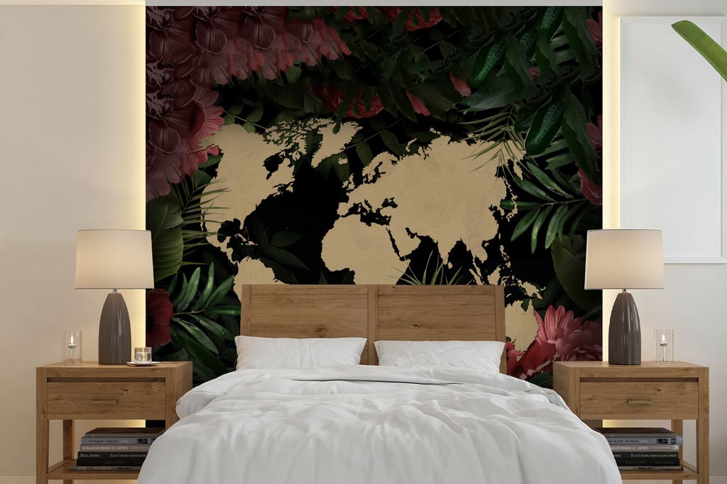 MuchoWow Fototapete für Wohnzimmer oder Schlafzimmer Wandtapete Vinyl Motivtapete Weltkarte - Pflanzen - Blumen - 260x260 cm - Papiertapeten